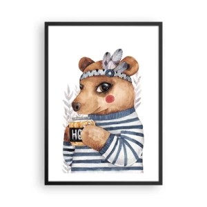 Pôster com moldura preta - Um charmoso ursinho de pelúcia com um moletom de marinheiro e uma xícara nas mãos - 50x70cm - Doce ursa - Decoração de parede moderna para a sala de estar e quarto ARTTOR