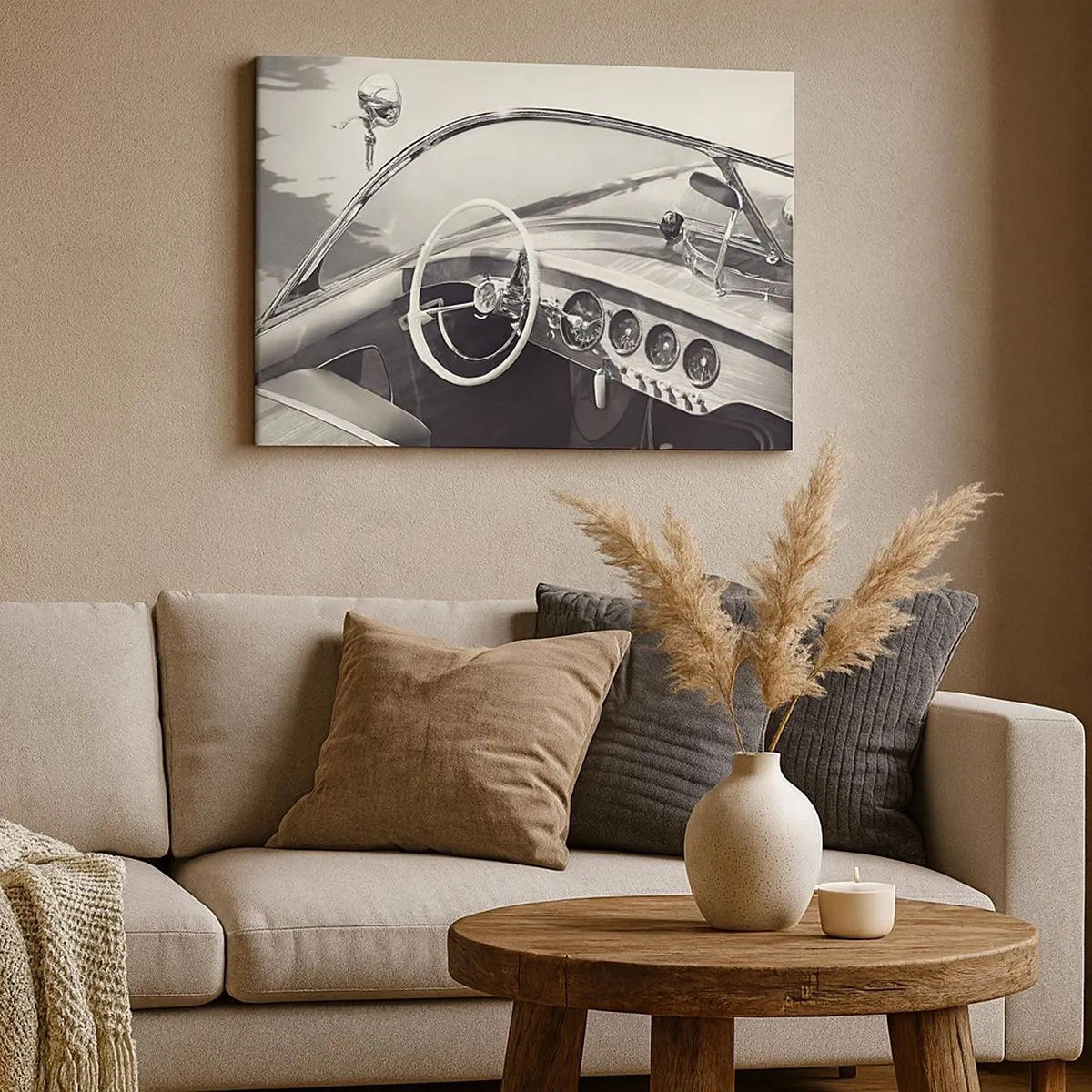 Quadro em tela - Interior de carro clássico em estilo monocromático - 70x50cm - Tempo para os ricos - Decoração de parede moderna para a sala de estar e quarto ARTTOR