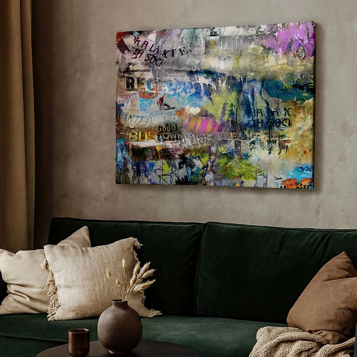 Quadro em tela - Colagem abstrata com texto e várias cores - 70x50cm - Colagem de memórias - Decoração de parede moderna para a sala de estar e quarto ARTTOR