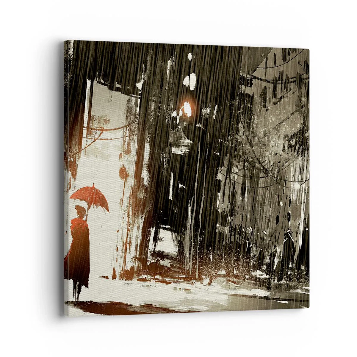 Quadro em tela - A poesia do guarda-chuva vermelho - 40x40 cm