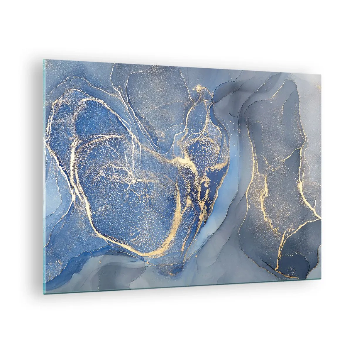 Quadro em vidro - Uma composição abstrata em tons de azul marinho e dourado - 70x50cm - Pó dourado - Decoração de parede moderna para a sala de estar e quarto ARTTOR
