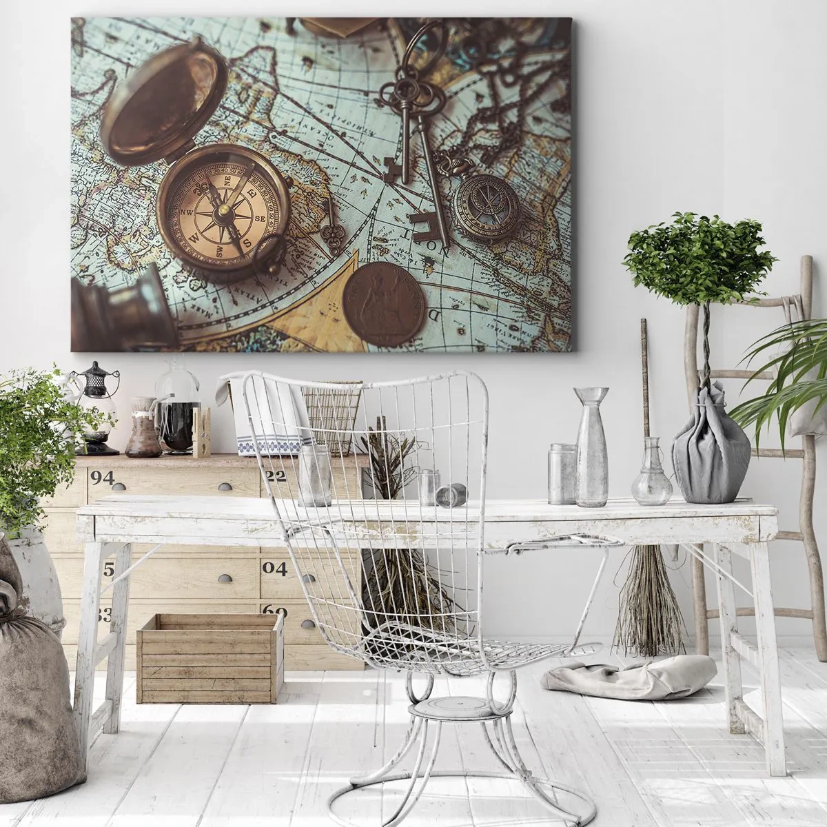 Quadro em tela - Composição com bússola, chaves e um mapa antigo em estilo retrô - 70x50cm - Para o aventureiro - Decoração de parede moderna para a sala de estar e quarto ARTTOR