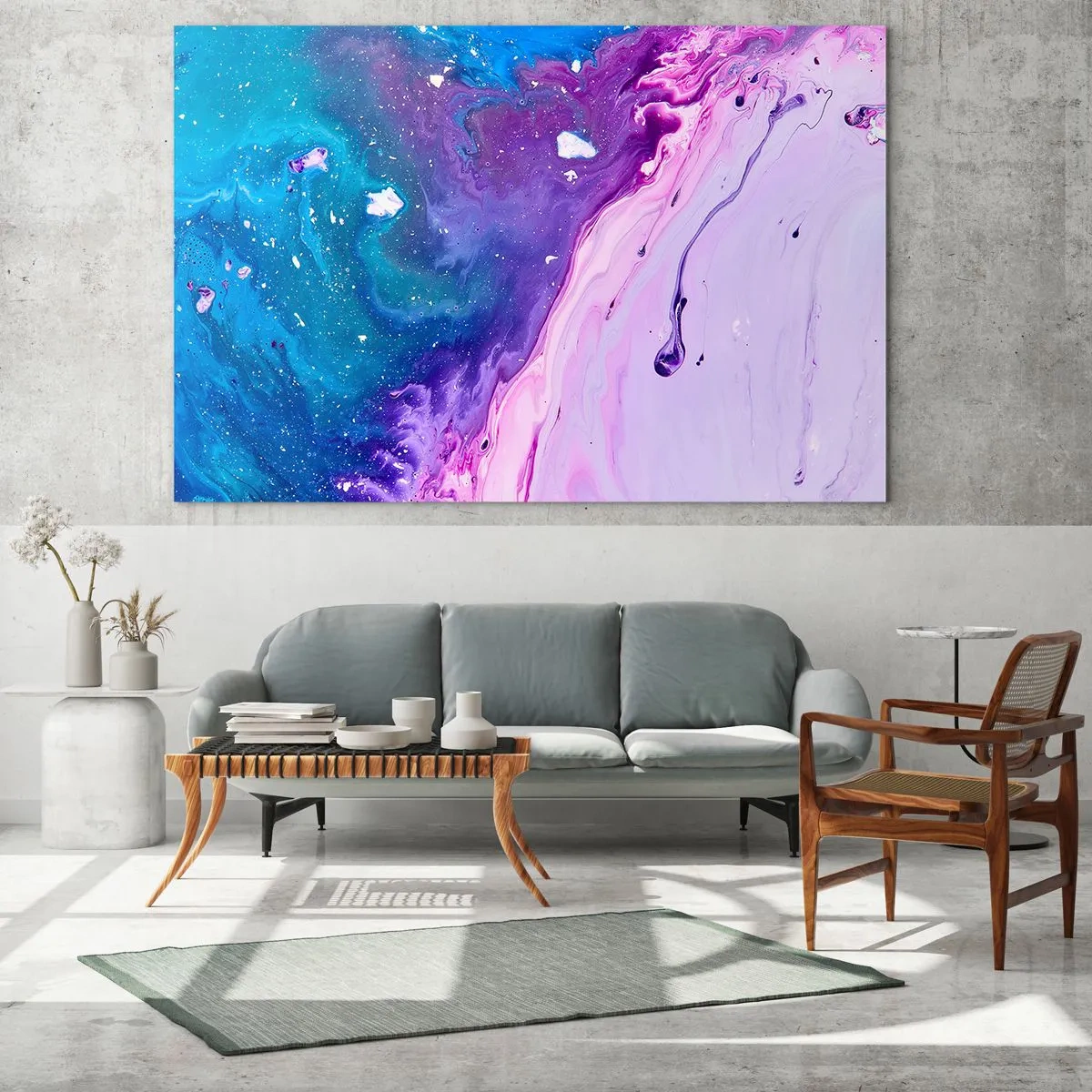 Quadro em vidro - Uma composição abstrata com uma mistura de cores roxa, azul e rosa. - 70x50cm - Yin e yang - Decoração de parede moderna para a sala de estar e quarto ARTTOR