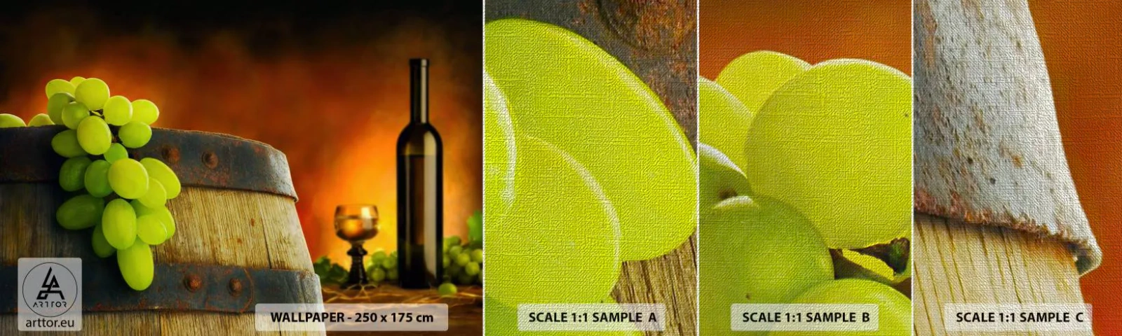 Amostra de papel de parede Premium Canvas - Natureza morta com uma garrafa de vinho e um cacho de uvas - Uva, Vinho, Barril de vinho - 100x30 cm