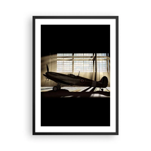 Pôster com moldura preta - Avião histórico no hangar com raios de sol - 50x70cm - Descanso do guerreiro - Decoração de parede moderna para a sala de estar e quarto ARTTOR