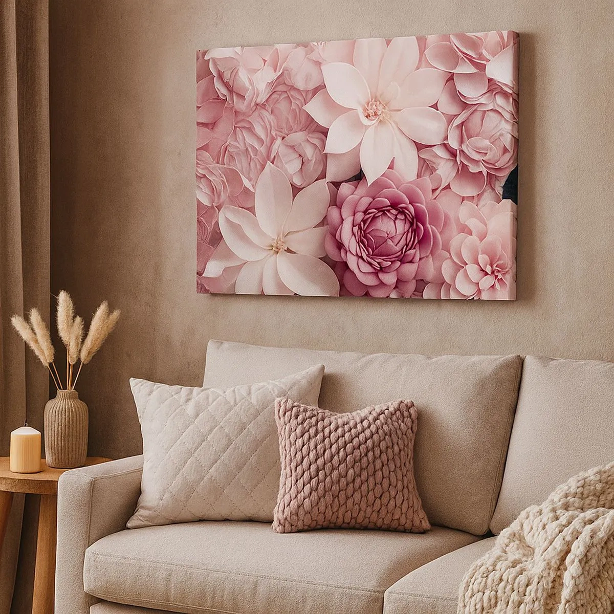 Quadro em tela - Flores em tons de rosa e branco numa abordagem artística - 70x50cm - Em pétalas rosa - Decoração de parede moderna para a sala de estar e quarto ARTTOR