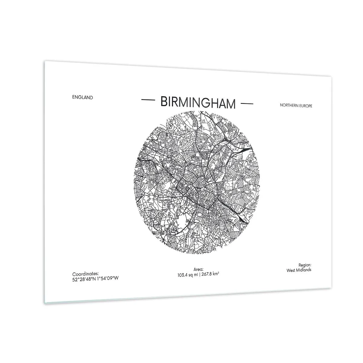 Quadro em vidro - Mapa preto e branco de Birmingham em um estilo gráfico moderno - 70x50cm - Anatomia de Birmingham - Decoração de parede moderna para a sala de estar e quarto ARTTOR