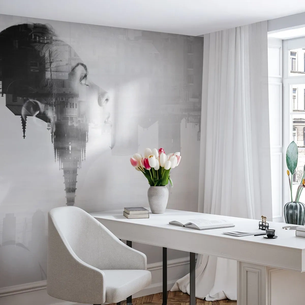 Papel de Parede Standard Eco - Em ambos os lados do vidro - Abstração, Rosto de mulher, Arquitetura - 350x256 cm