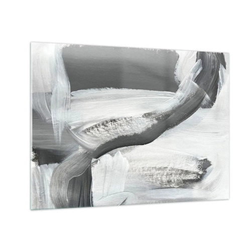 Quadro em vidro - Abstração em preto e branco com pinceladas dinâmicas. - 70x50cm - Um movimento decisivo - Decoração de parede moderna para a sala de estar e quarto ARTTOR
