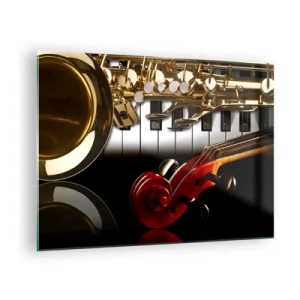 Quadro em vidro - Saxofone, teclado e arco em uma composição artística - 70x50cm - Metal, madeira e marfim - Decoração de parede moderna para a sala de estar e quarto ARTTOR