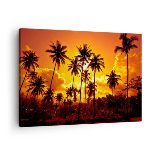 Quadro em tela - Palmeiras contra um céu dourado durante um pôr do sol tropical - 70x50cm - Montanhas em chamas, florestas em chamas - Decoração de parede moderna para a sala de estar e quarto ARTTOR
