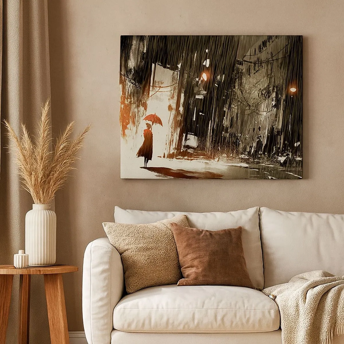 Quadro em tela - Uma figura vermelha com um guarda-chuva em uma cena chuvosa - 70x50cm - A poesia do guarda-chuva vermelho - Decoração de parede moderna para a sala de estar e quarto ARTTOR