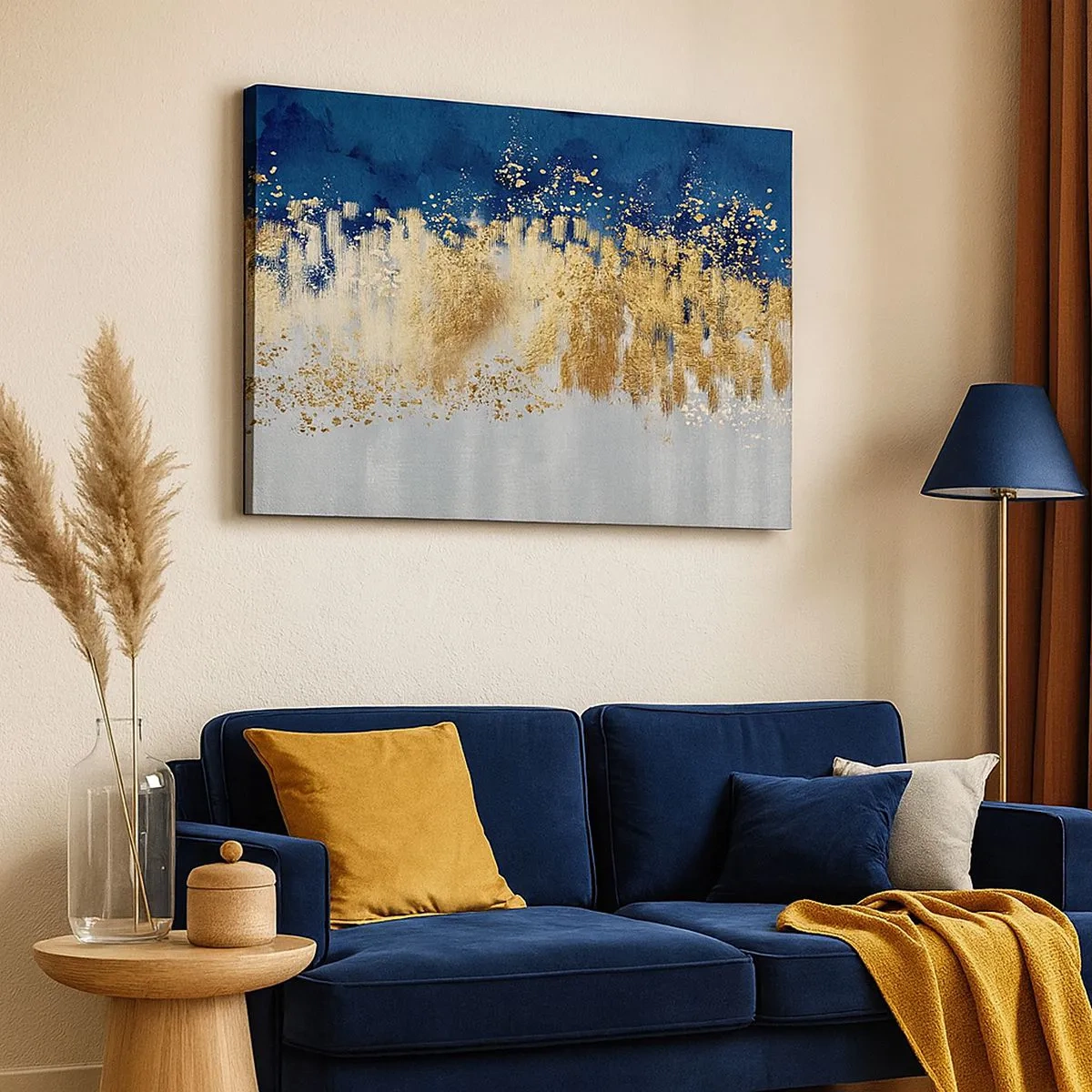 Quadro em tela - Uma composição abstrata em tons de dourado e azul marinho. - 70x50cm - Uma composição moderna com brilho - Decoração de parede moderna para a sala de estar e quarto ARTTOR