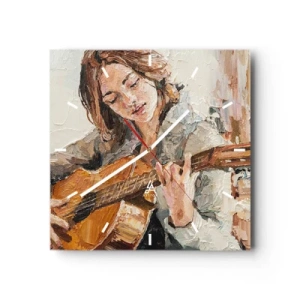 Relógio de parede - Relógio em vidro - Concerto de violão e coração de rapariga - 40x40 cm