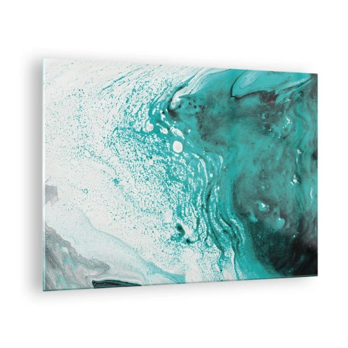 Quadro em vidro - Uma pintura abstrata em tons de branco e turquesa - 70x50cm - Derreter a branco e turquesa - Decoração de parede moderna para a sala de estar e quarto ARTTOR