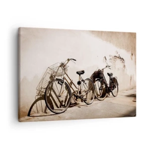 Quadro em tela - Duas bicicletas encostadas em uma parede antiga de estilo retrô - 70x50cm - Encanto inesquecível do passado - Decoração de parede moderna para a sala de estar e quarto ARTTOR
