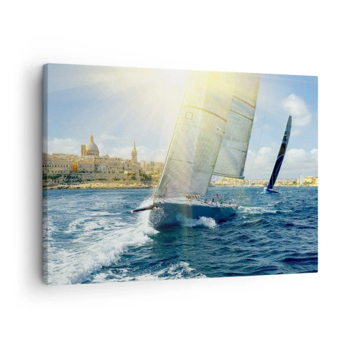 Quadro em tela - Regata de iates com o litoral ensolarado como pano de fundo - 70x50cm - É hora de deixar a cidade - Decoração de parede moderna para a sala de estar e quarto ARTTOR