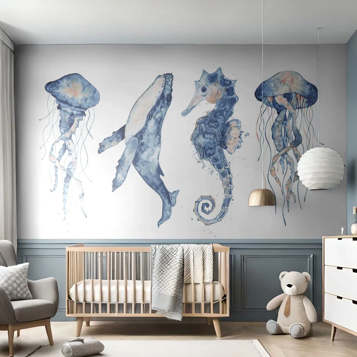 Papel de Parede Premium Canvas - Maravilhas do mar - Animais marinhos, Cavalo marinho, Medusa - 450x315 cm