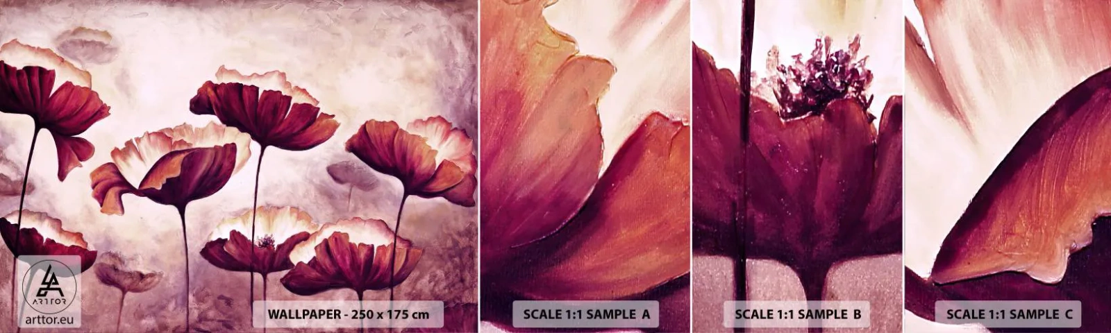 Amostra de papel de parede autocolante Deluxe Sticker - Pétala vermelha e branca - Abstração, Flores, Pedaço - 100x30 cm