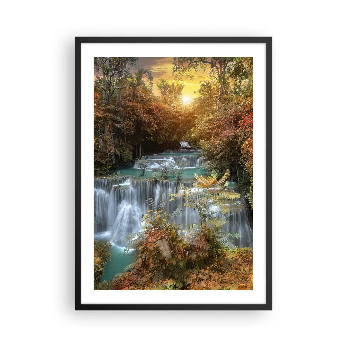Pôster com moldura preta - Uma cachoeira cercada por árvores de outono ao pôr do sol - 50x70cm - O tesouro escondido da floresta - Decoração de parede moderna para a sala de estar e quarto ARTTOR