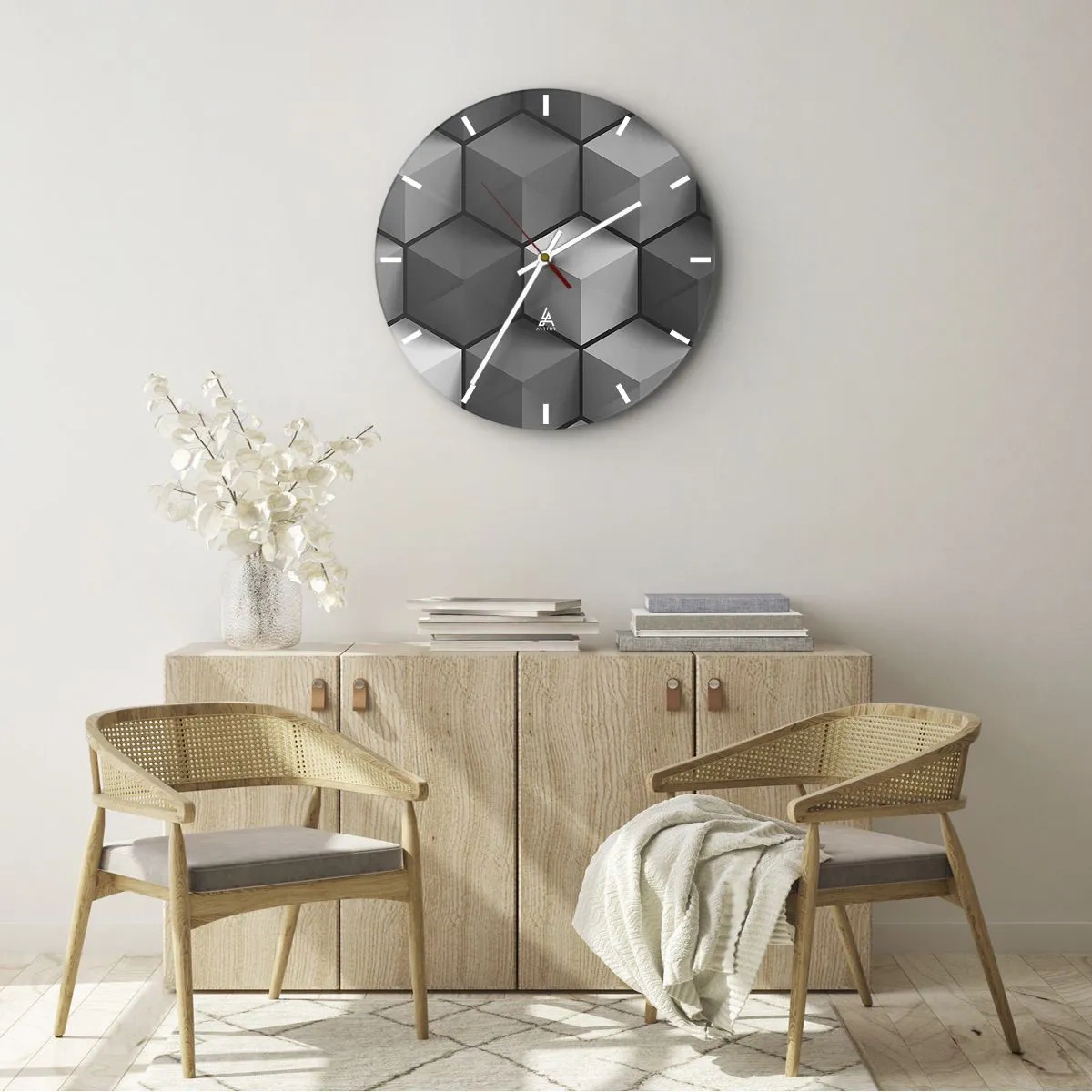 Relógio de parede - Relógio em vidro - Figuras cúbicas 3D em um arranjo geométrico - 30x30cm - Quebra-cabeça cubista - Decoração de parede moderna para a sala de estar, cozinha e quarto ARTTOR