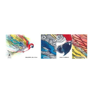 Amostra de papel de parede autocolante Deluxe Sticker - Viva com cor - Pássaro, Papagaio, Penas coloridas - 100x30 cm