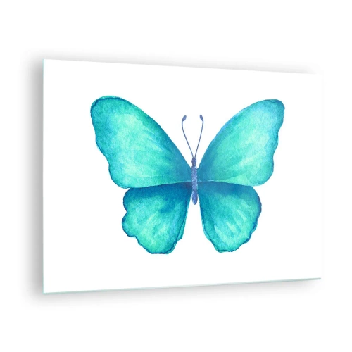 Quadro em vidro - Borboleta azul em estilo aquarela sobre fundo branco - 70x50cm - Turquesa por natureza - Decoração de parede moderna para a sala de estar e quarto ARTTOR