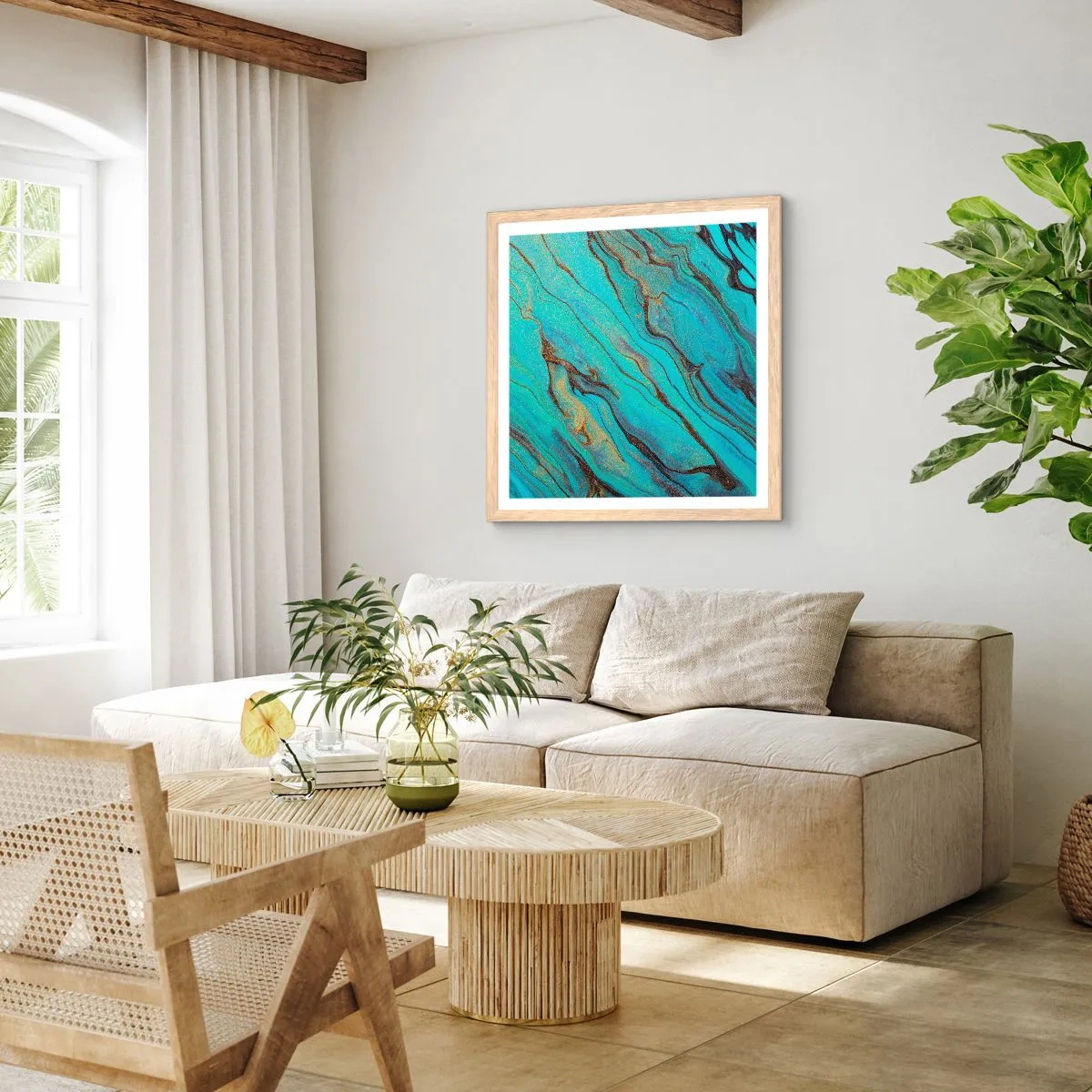 Pôster com moldura de carvalho claro - Maré Turquesa - 40x40 cm