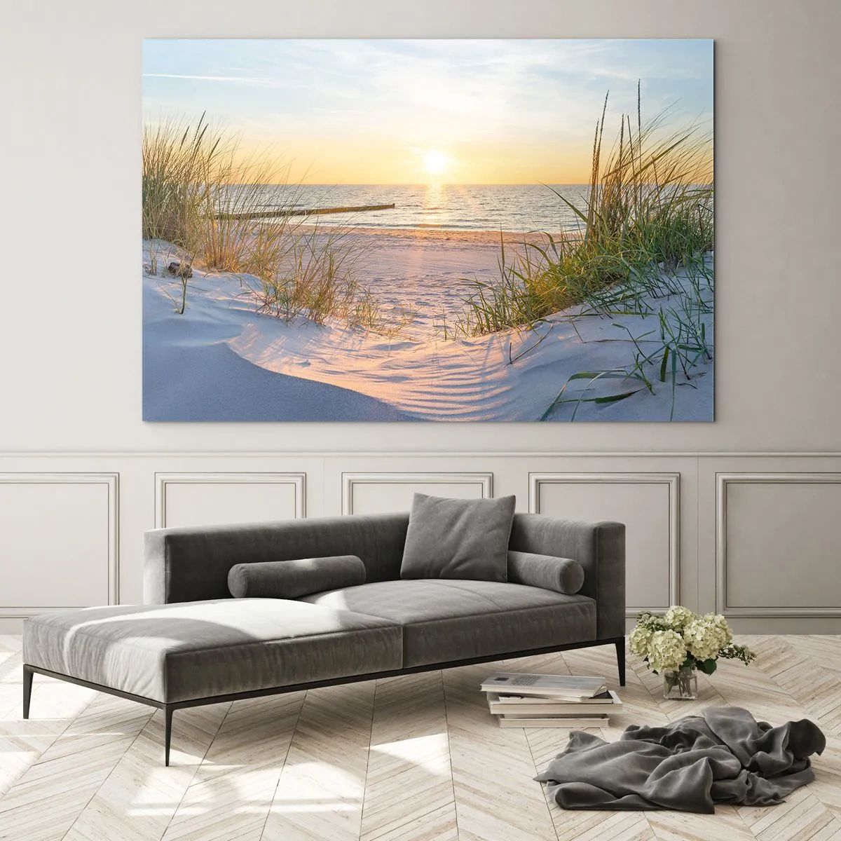 Quadro em vidro - Praia do pôr do sol com vista para o mar e dunas - 70x50cm - O som do mar, o canto dos pássaros, a praia selvagem entre a relva... - Decoração de parede moderna para a sala de estar e quarto ARTTOR