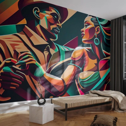 Papel de Parede Standard Eco - Casal abstrato dançando em cores dinâmicas - 100x70cm - No ritmo do coração - Decoração de parede moderna para a sala de estar e quarto ARTTOR