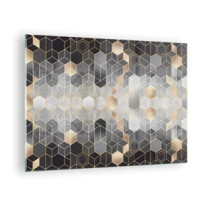 Quadro em vidro - Padrão geométrico de hexágonos em linhas douradas - 70x50cm - Composição do diamante - Decoração de parede moderna para a sala de estar e quarto ARTTOR