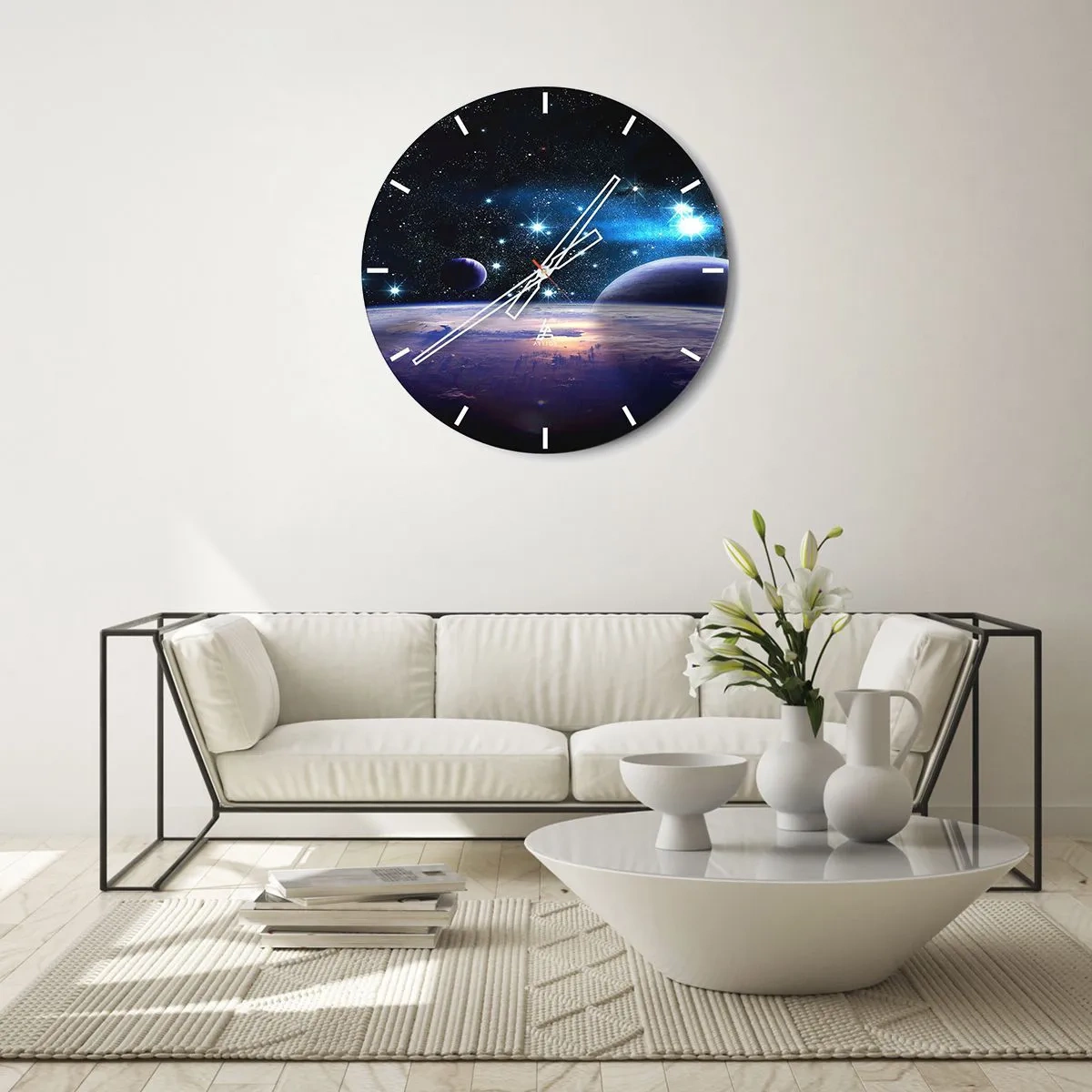 Relógio de parede - Relógio em vidro - Espaço com estrelas, planetas e uma superfície planetária com atmosfera - 30x30cm - Ainda sozinhos? - Decoração de parede moderna para a sala de estar, cozinha e quarto ARTTOR