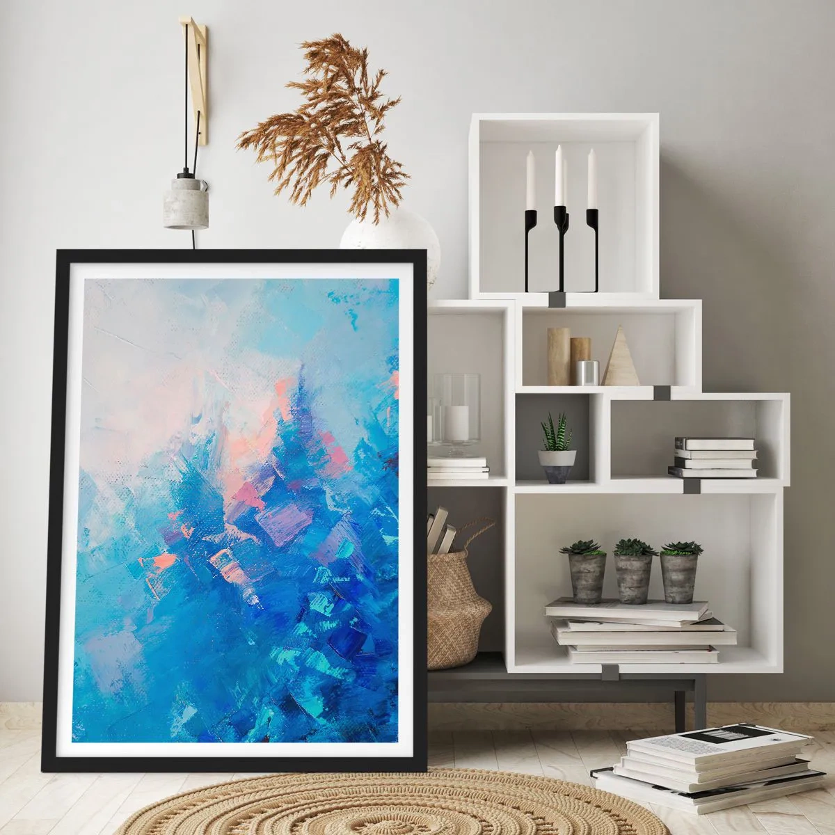 Pôster com moldura preta - Uma composição abstrata em tons de azul e rosa inspirada em uma paisagem de inverno. - 50x70cm - Abstração de inverno - Decoração de parede moderna para a sala de estar e quarto ARTTOR