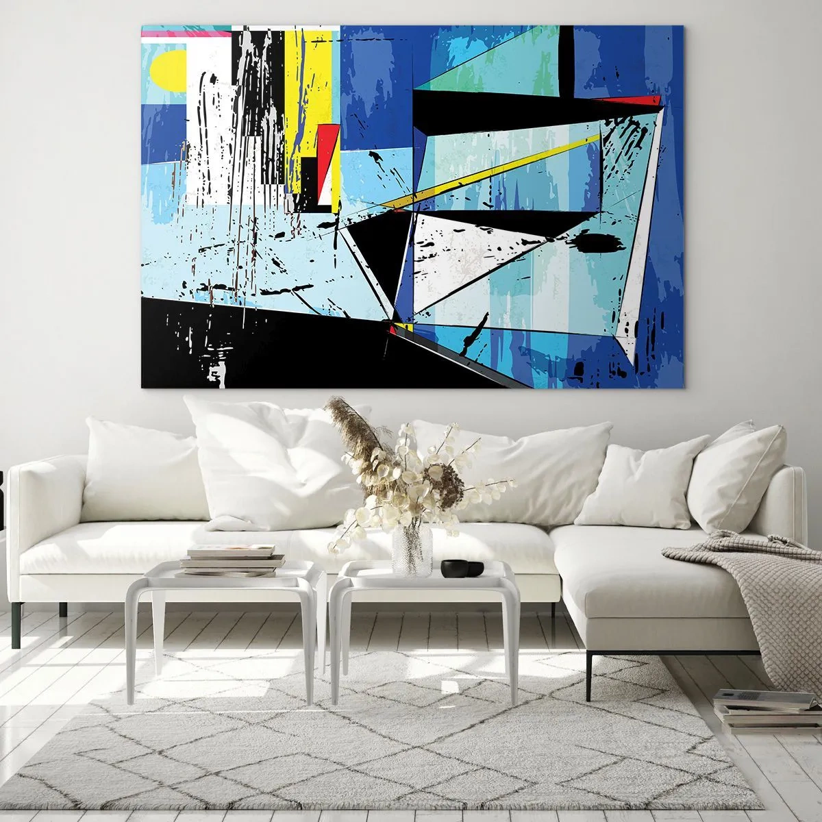 Quadro em vidro - Composição geométrica abstrata em tons de azul - 70x50cm - Olhar por um outro ângulo... - Decoração de parede moderna para a sala de estar e quarto ARTTOR