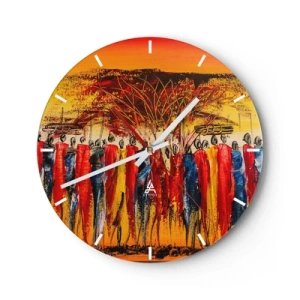Relógio de parede - Relógio em vidro - Uma cena colorida com figuras africanas contra um fundo de pôr do sol. - 30x30cm - Lá, lá, lá vão eles - Decoração de parede moderna para a sala de estar, cozinha e quarto ARTTOR