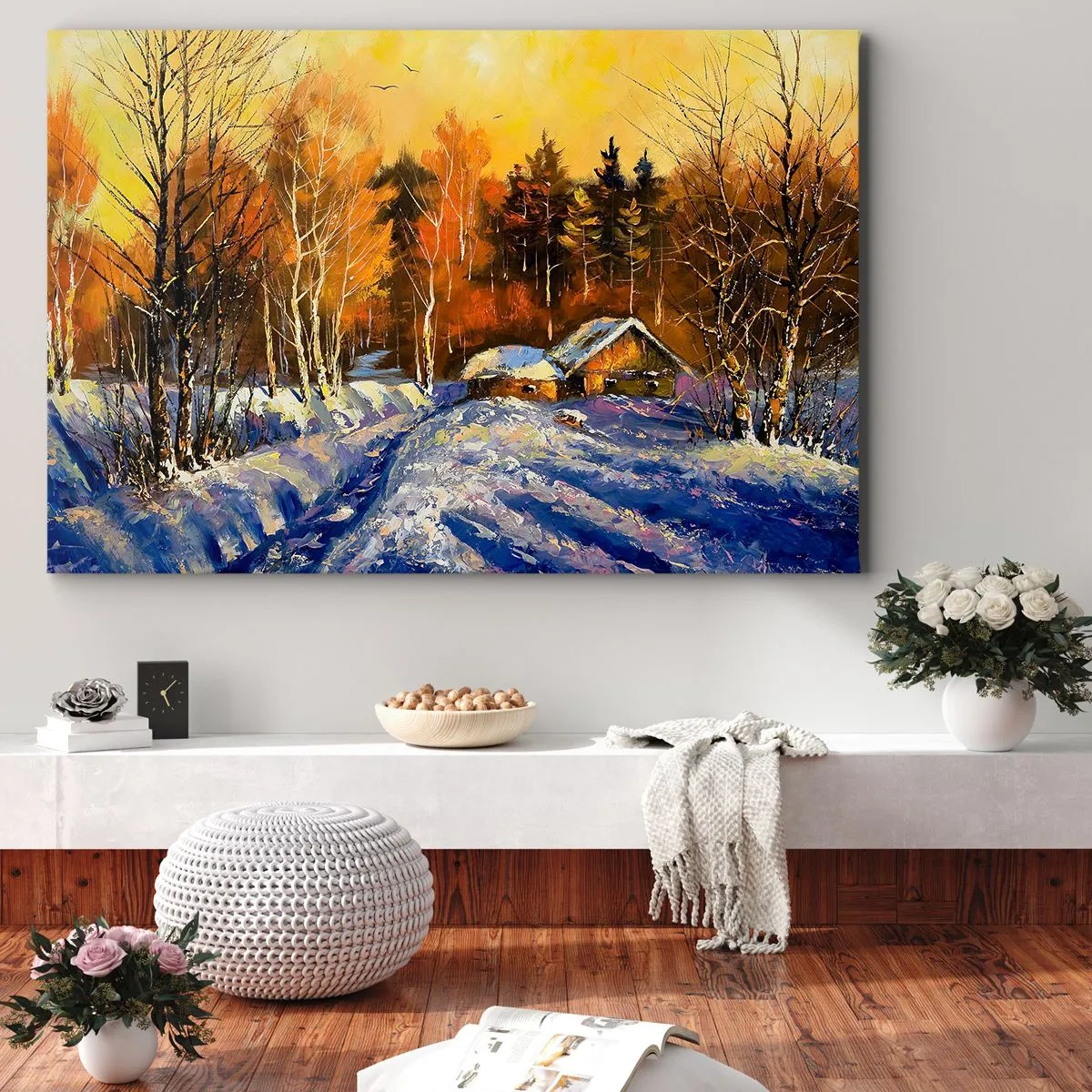 Quadro em tela - Paisagem de inverno com uma casa à luz do pôr do sol - 70x50cm - Impressão de inverno ao sol - Decoração de parede moderna para a sala de estar e quarto ARTTOR