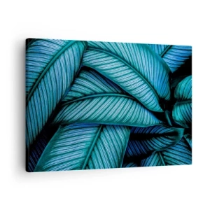 Quadro em tela - Uma foto em close de folhas turquesas com detalhes vívidos. - 70x50cm - Linhas de vida - Decoração de parede moderna para a sala de estar e quarto ARTTOR