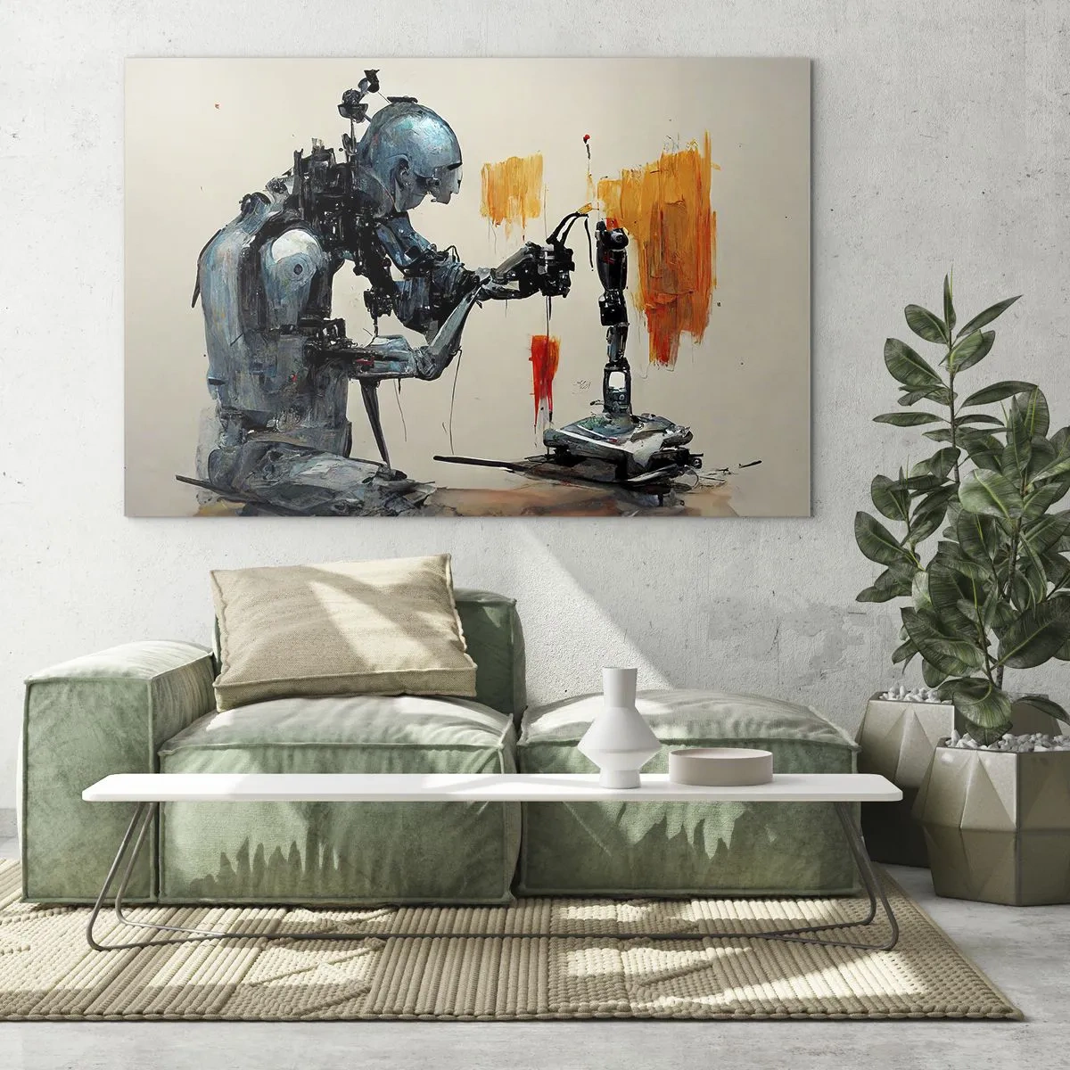 Quadro em vidro - Um robô pintando uma mão mecânica em um fundo abstrato. - 70x50cm - Já amanhã… - Decoração de parede moderna para a sala de estar e quarto ARTTOR