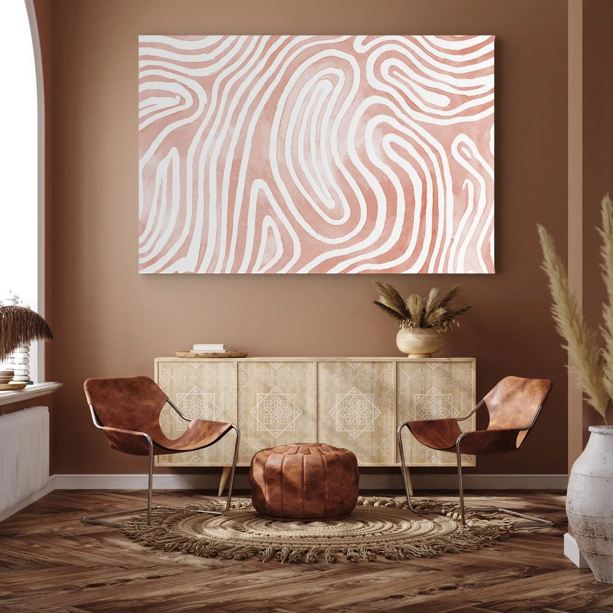Quadro em tela - Padrão abstrato em tons de rosa e branco - 70x50cm - No labirinto de corais - Decoração de parede moderna para a sala de estar e quarto ARTTOR