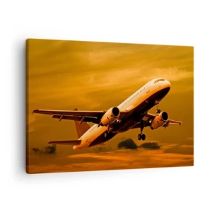 Quadro em tela - Um avião de passageiros decolando contra um céu dourado de pôr do sol. - 70x50cm - Voo em direção ao sol - Decoração de parede moderna para a sala de estar e quarto ARTTOR