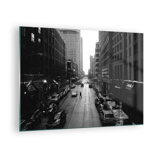 Quadro em vidro - Uma rua em preto e branco com um transeunte entre edifícios modernos - 70x50cm - Outro dia como todos os dias - Decoração de parede moderna para a sala de estar e quarto ARTTOR