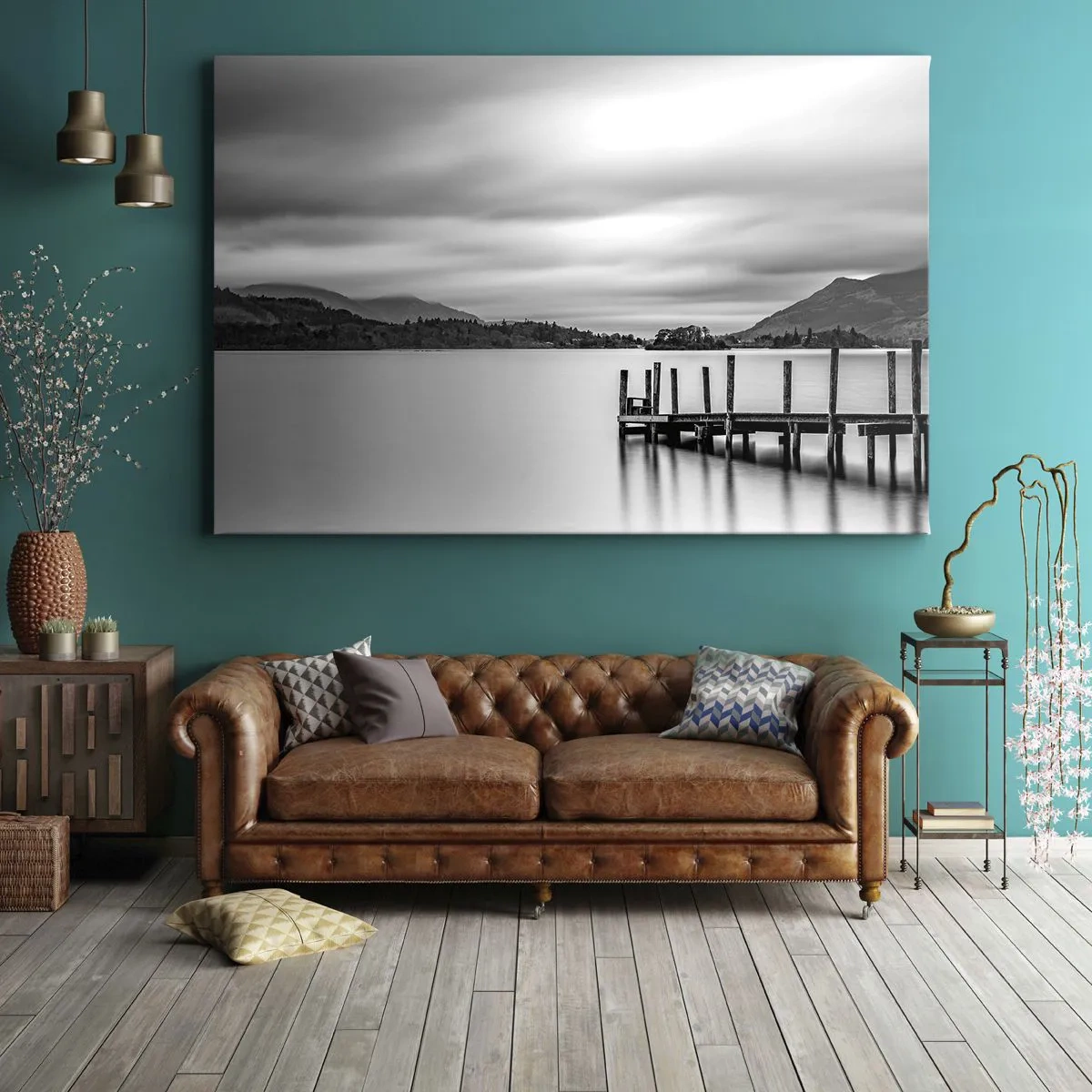 Quadro em tela - Paisagem em preto e branco com um píer sobre um lago - 70x50cm - Gentileza e força - Decoração de parede moderna para a sala de estar e quarto ARTTOR