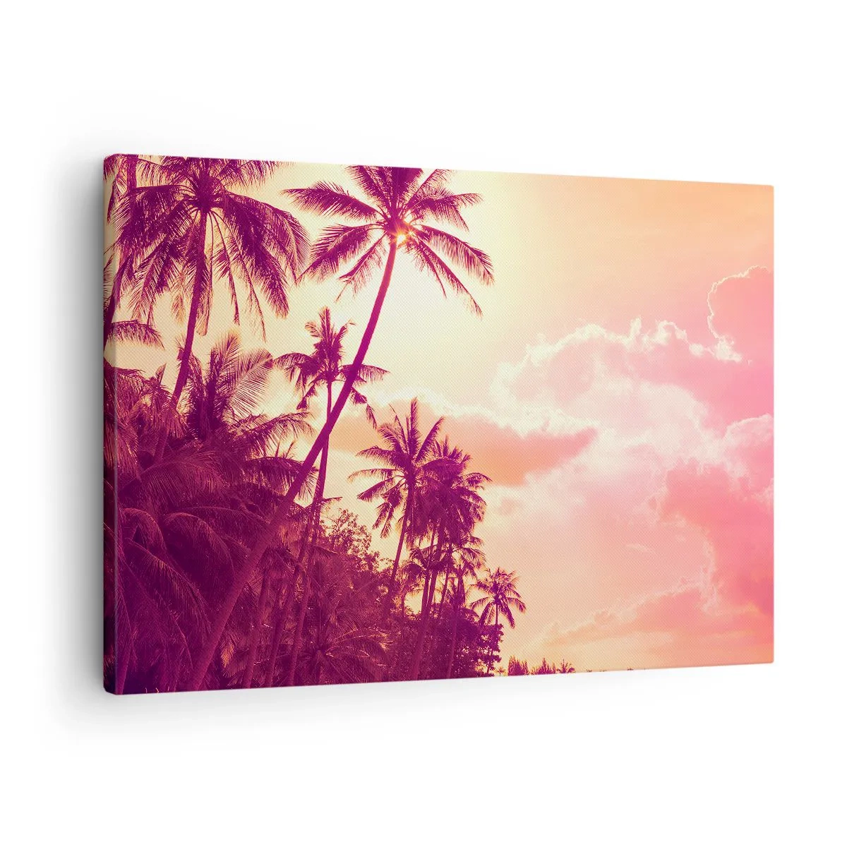 Quadro em tela - Palmeiras iluminadas pelo pôr do sol em um céu tropical - 70x50cm - Tem que escolher - Decoração de parede moderna para a sala de estar e quarto ARTTOR