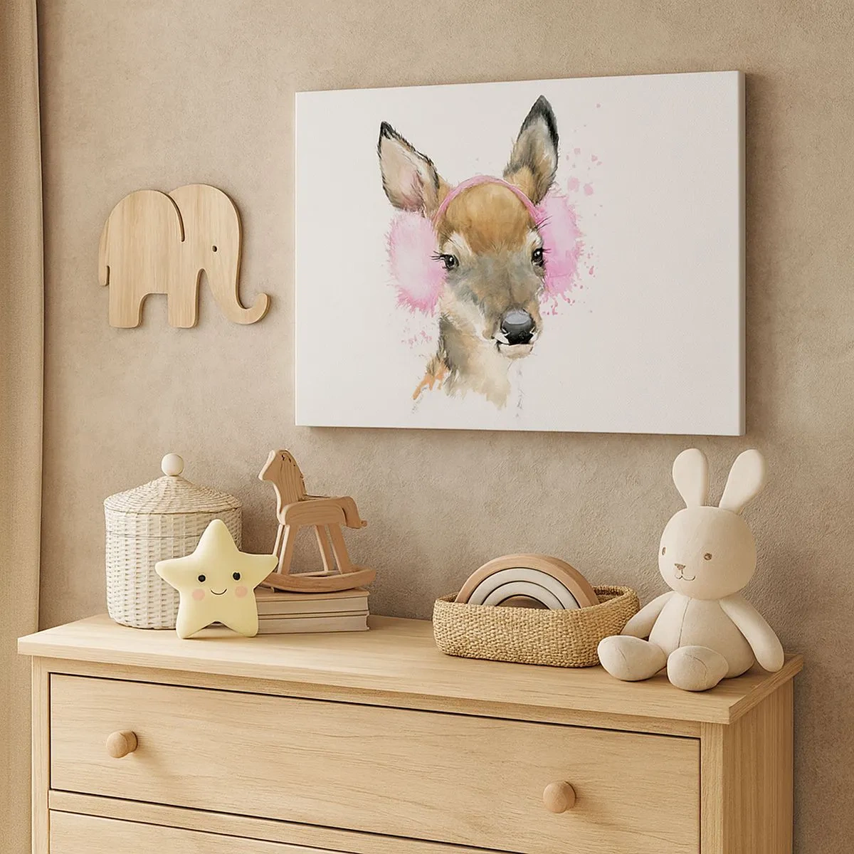 Quadro em tela - Veado em aquarela com protetores de ouvido rosa - 70x50cm - E o frio já não é assustador - Decoração de parede moderna para a sala de estar e quarto ARTTOR