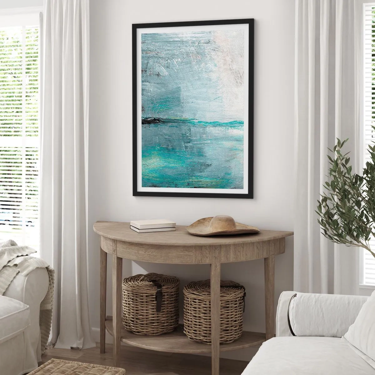 Pôster com moldura preta - Paisagem abstrata em tons de azul e cinza - 50x70cm - Horizontalmente em azul - Decoração de parede moderna para a sala de estar e quarto ARTTOR