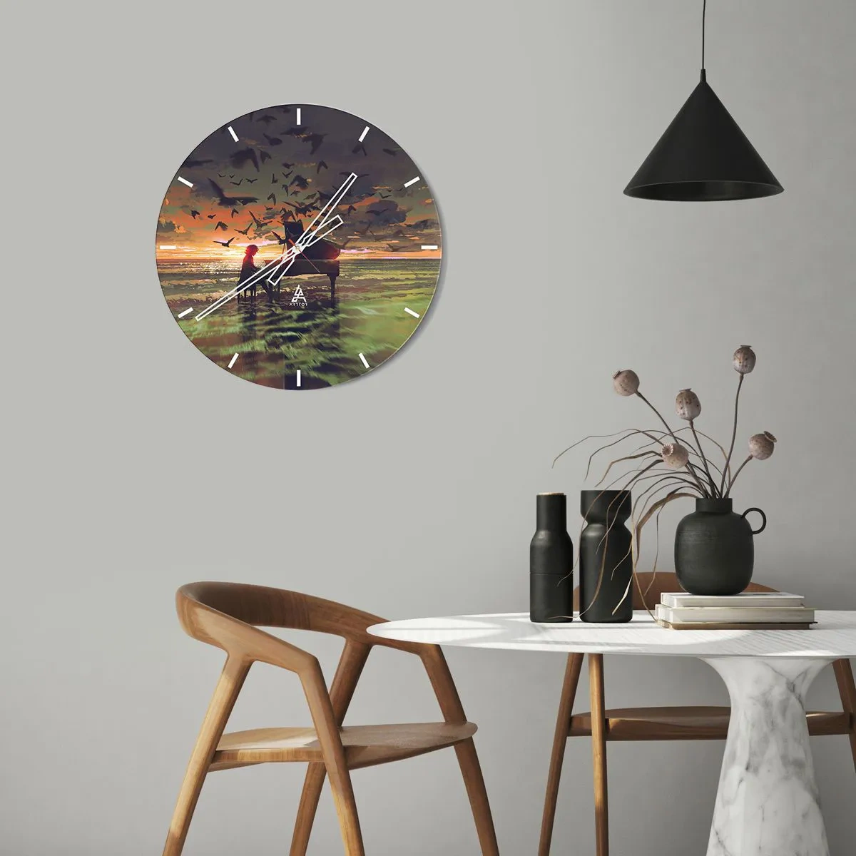 Relógio de parede - Relógio em vidro - Um pianista tocando tendo como pano de fundo um pôr do sol - 30x30cm - Um concerto de piano e ondas - Decoração de parede moderna para a sala de estar, cozinha e quarto ARTTOR