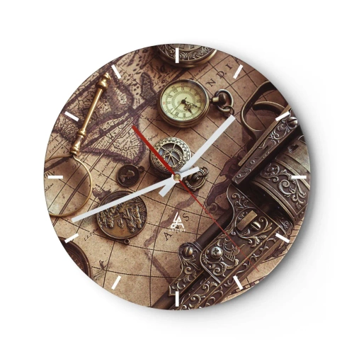 Relógio de parede - Relógio em vidro - Um mapa estilizado com bússola, moedas e armas ornamentadas. - 30x30cm - A aventura nos chama - Decoração de parede moderna para a sala de estar, cozinha e quarto ARTTOR