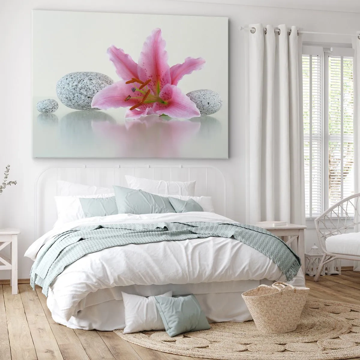 Quadro em tela - Flor de lírio rosa com pedras em um fundo claro - 70x50cm - Estudo em rosa, cinza e branco - Decoração de parede moderna para a sala de estar e quarto ARTTOR