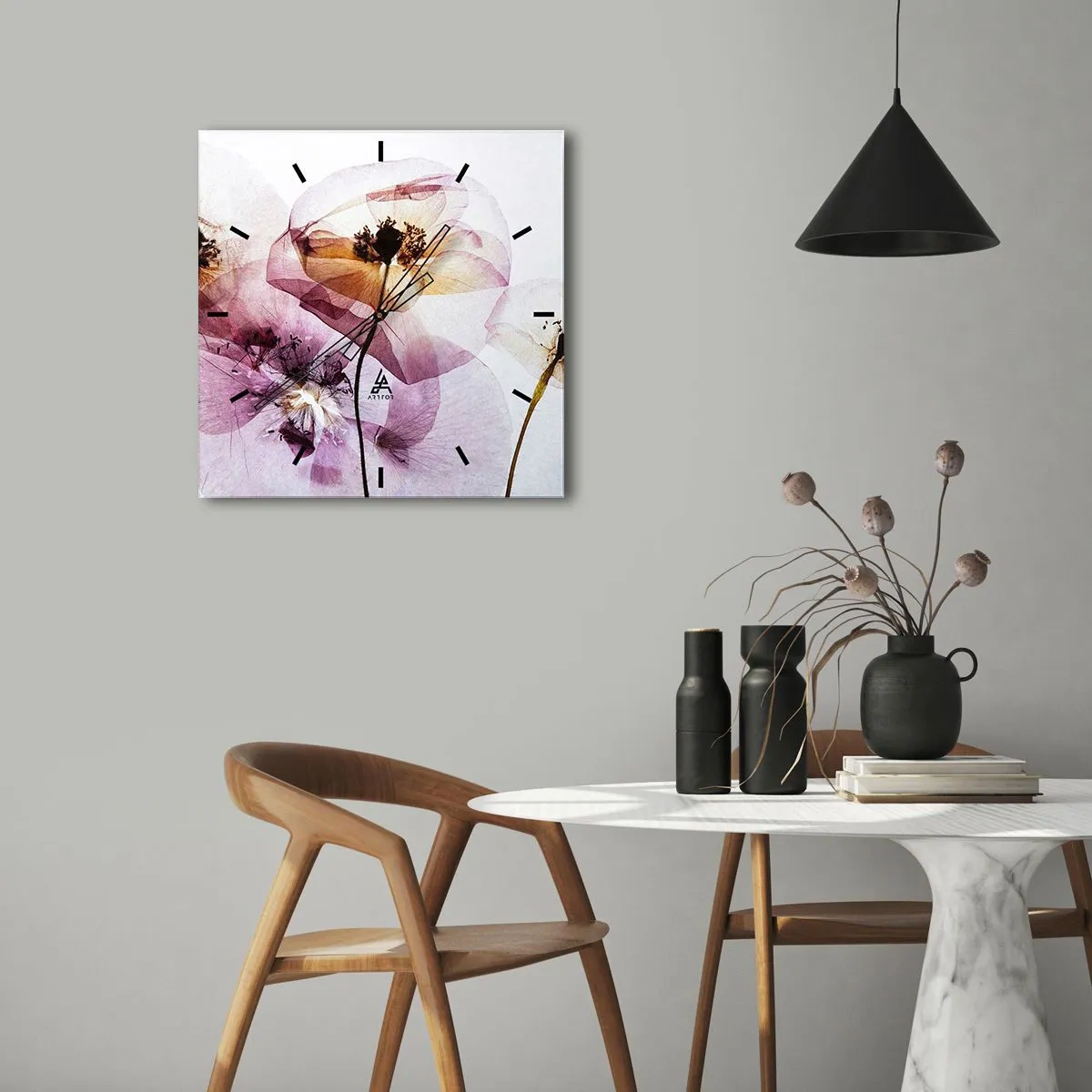 Relógio de parede - Relógio em vidro - A transparência das flores - 40x40 cm
