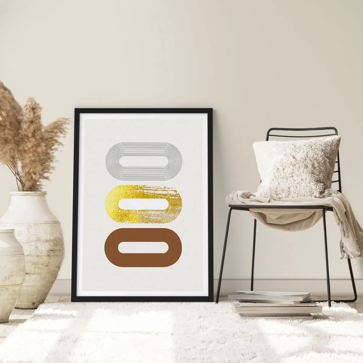 Pôster com moldura preta - Formas geométricas em tons de dourado, marrom e cinza - 50x70cm - Uuu! - Decoração de parede moderna para a sala de estar e quarto ARTTOR